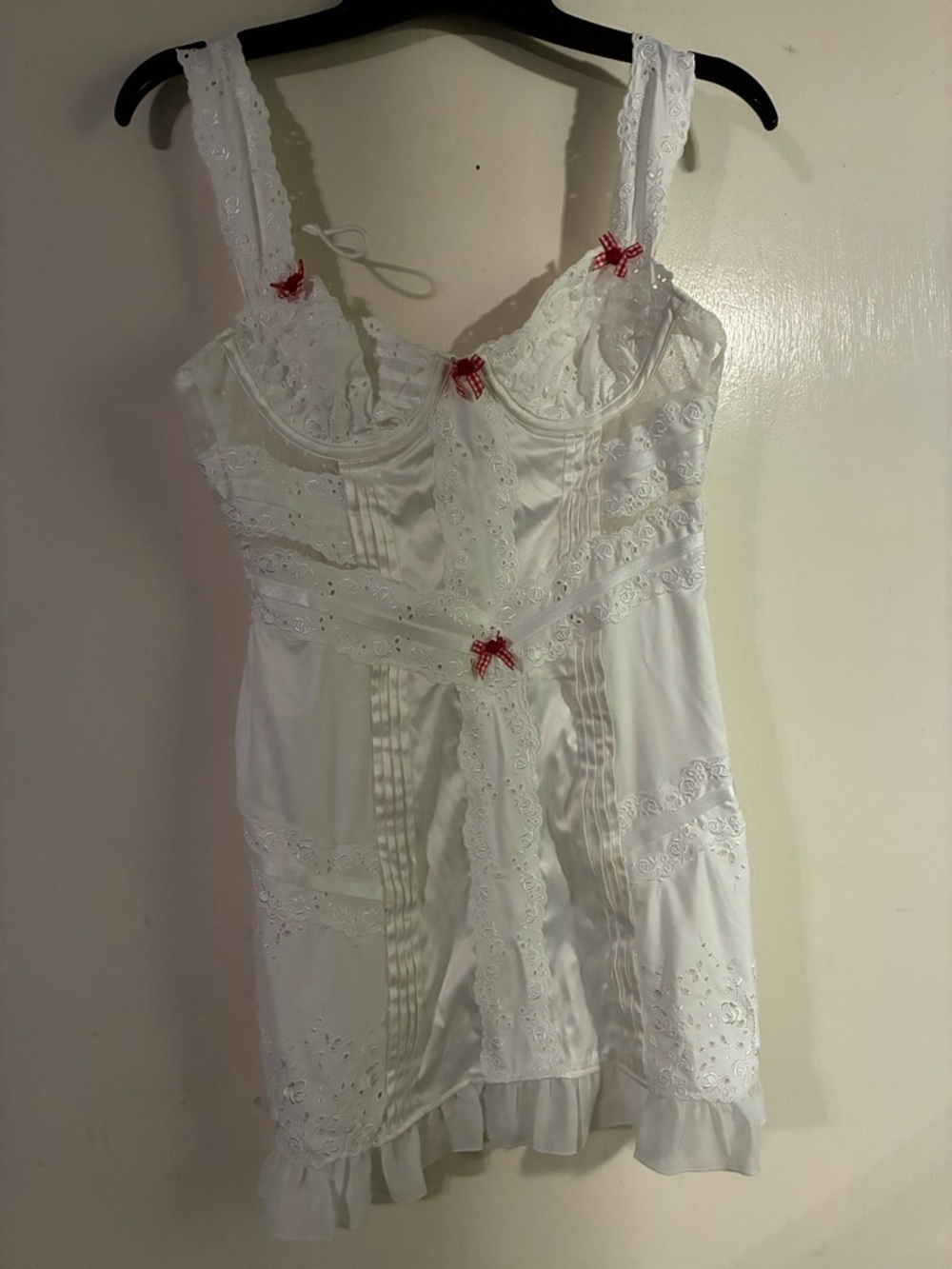 For Love & Lemons Classic White Lace Chemise with Red Bow Accents new w/tags
